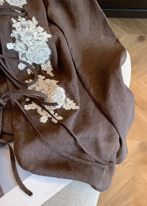 Vintage Coffee Lace Embroidered Lace Up Cotton Blouses Fall