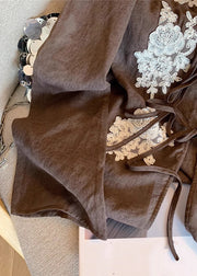 Vintage Coffee Lace Embroidered Lace Up Cotton Blouses Fall