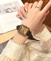 Vintage Coffee Leather Zircon Quartz Movement Tempered Glass Watch