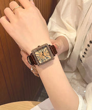 Vintage Coffee Leather Zircon Quartz Movement Tempered Glass Watch