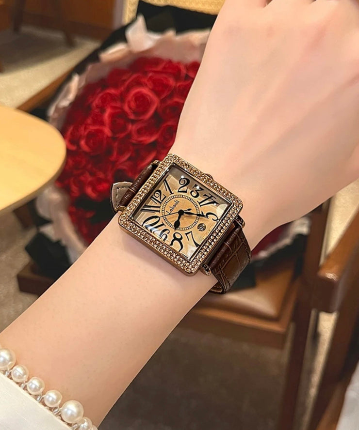 Vintage Coffee Leather Zircon Quartz Movement Tempered Glass Watch