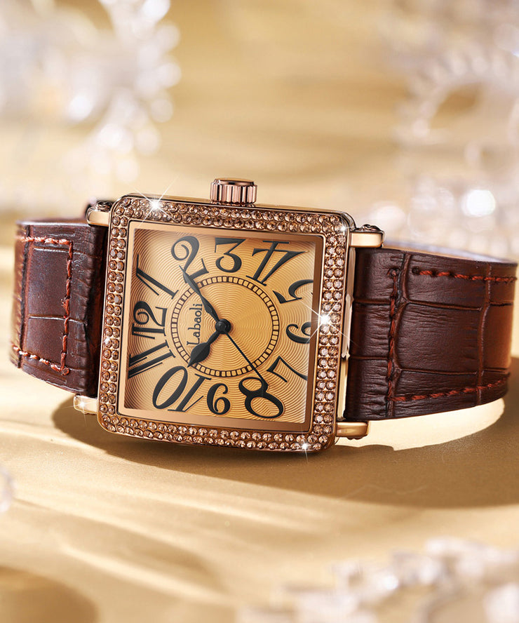 Vintage Coffee Leather Zircon Quartz Movement Tempered Glass Watch