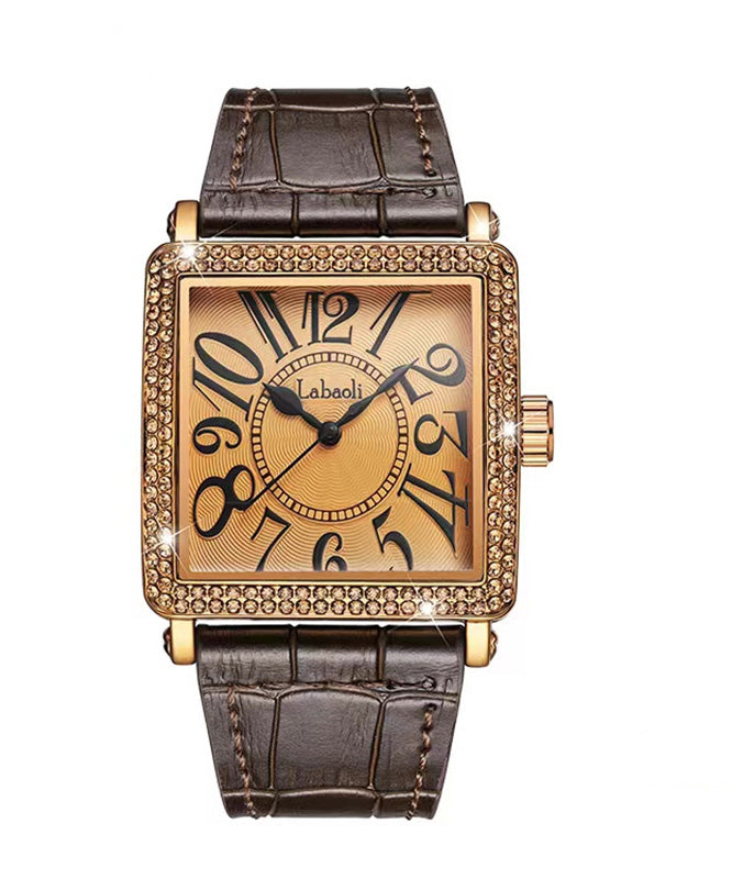 Vintage Coffee Leather Zircon Quartz Movement Tempered Glass Watch