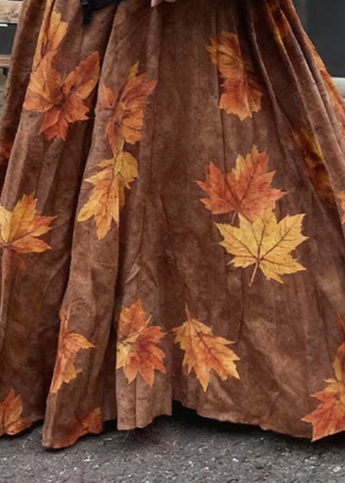 Vintage Coffee Leaves Print High Waist Cotton Skirt Fall
