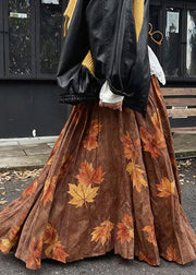 Vintage Coffee Leaves Print High Waist Cotton Skirt Fall