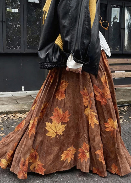 Vintage Coffee Leaves Print High Waist Cotton Skirt Fall