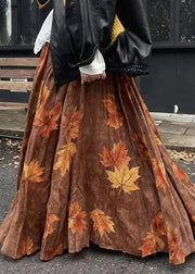 Vintage Coffee Leaves Print High Waist Cotton Skirt Fall