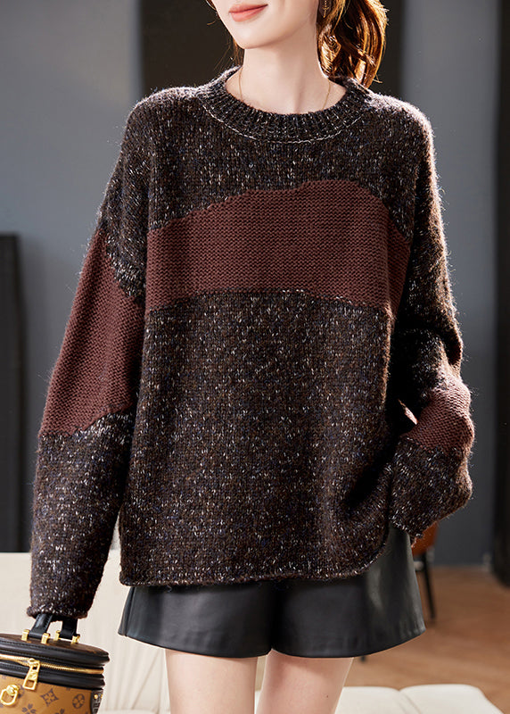 Vintage Coffee O Neck Cozy Patchwork Knit Sweater Winter