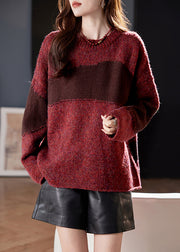 Vintage Coffee O Neck Cozy Patchwork Knit Sweater Winter