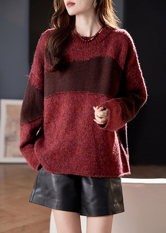 Vintage Coffee O Neck Cozy Patchwork Knit Sweater Winter