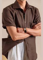 Vintage Coffee Peter Pan Collar Button Linen Mens Shirts Summer