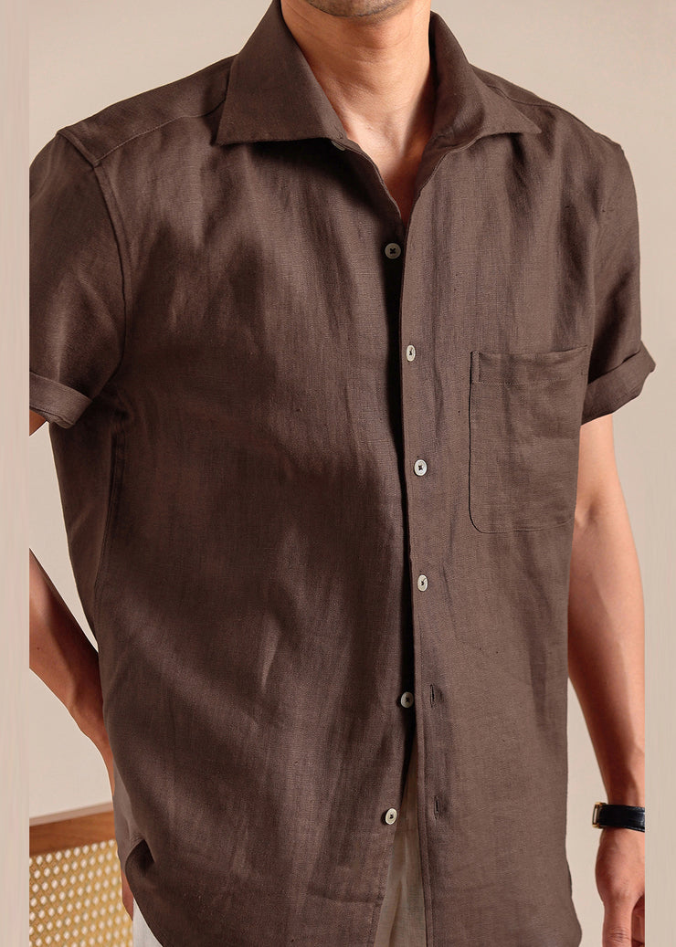 Vintage Coffee Peter Pan Collar Button Linen Mens Shirts Summer