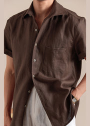 Vintage Coffee Peter Pan Collar Button Linen Mens Shirts Summer
