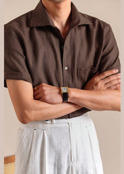 Vintage Coffee Peter Pan Collar Button Linen Mens Shirts Summer