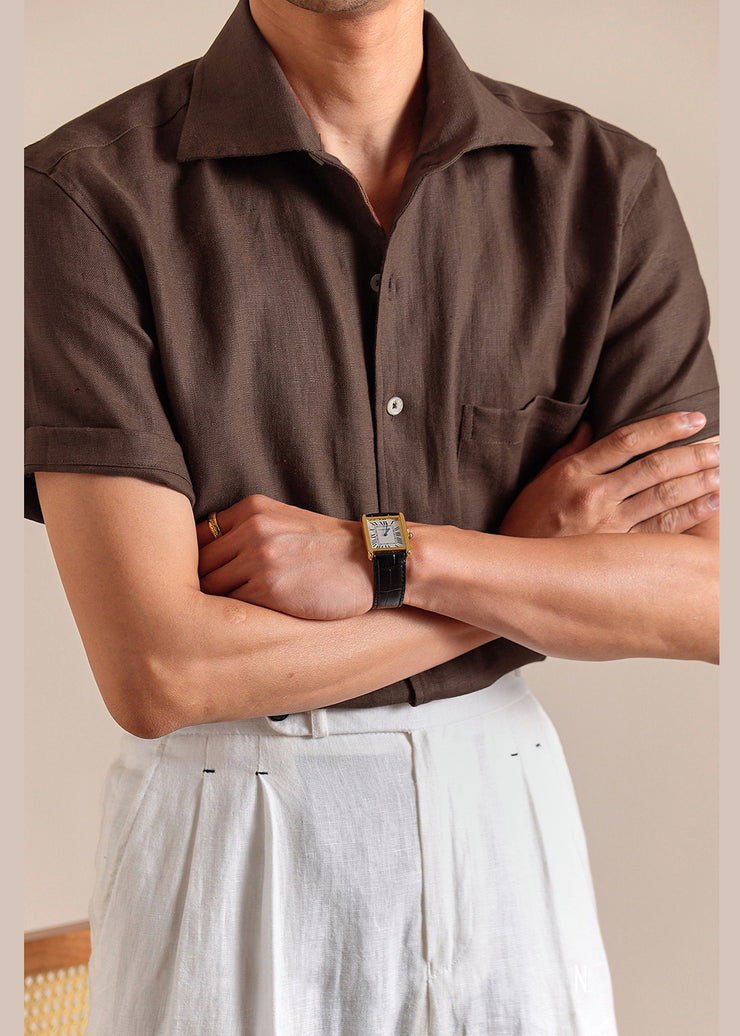 Vintage Coffee Peter Pan Collar Button Linen Mens Shirts Summer