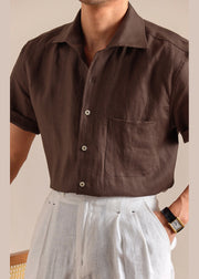 Vintage Coffee Peter Pan Collar Button Linen Mens Shirts Summer