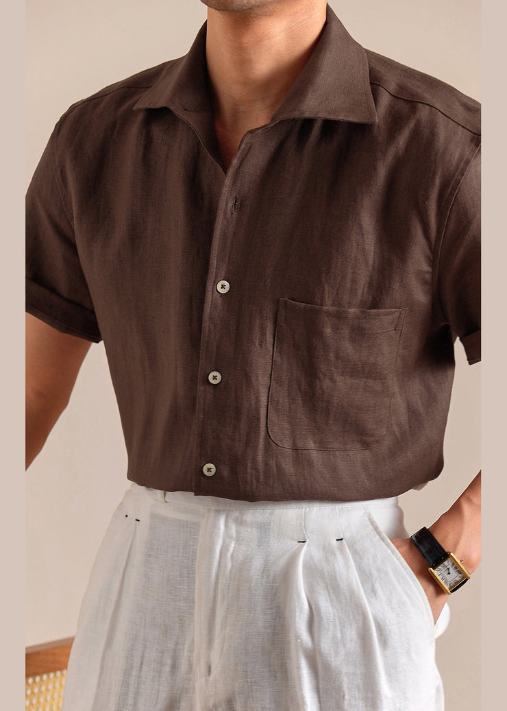 Vintage Coffee Peter Pan Collar Button Linen Mens Shirts Summer