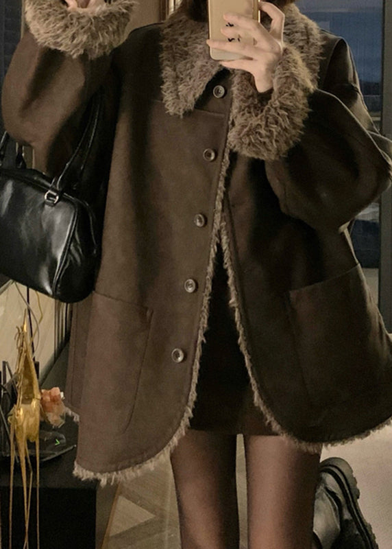 Vintage Coffee Peter Pan Collar Button Wear On Both Sides Thick Leather And Fur Coats Winter