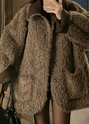 Vintage Coffee Peter Pan Collar Button Wear On Both Sides Thick Leather And Fur Coats Winter