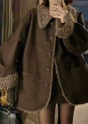 Vintage Coffee Peter Pan Collar Button Wear On Both Sides Thick Leather And Fur Coats Winter