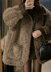 Vintage Coffee Peter Pan Collar Button Wear On Both Sides Thick Leather And Fur Coats Winter