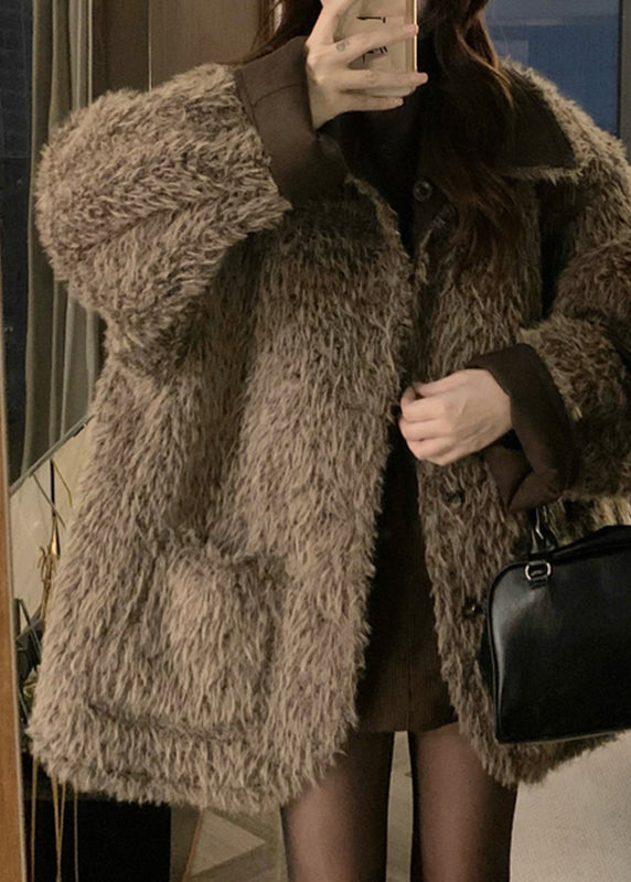 Vintage Coffee Peter Pan Collar Button Wear On Both Sides Thick Leather And Fur Coats Winter