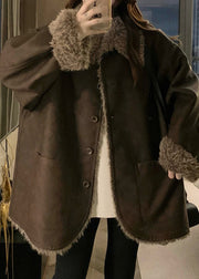 Vintage Coffee Peter Pan Collar Button Wear On Both Sides Thick Leather And Fur Coats Winter