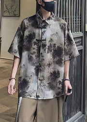 Vintage Coffee Peter Pan Collar Tie Dye Ice Silk Mens Shirts Summer