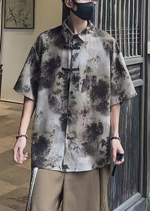 Vintage Coffee Peter Pan Collar Tie Dye Ice Silk Mens Shirts Summer
