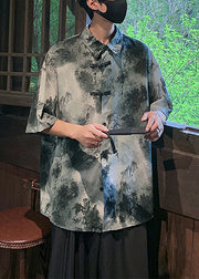 Vintage Coffee Peter Pan Collar Tie Dye Ice Silk Mens Shirts Summer
