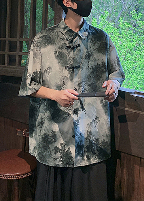Vintage Coffee Peter Pan Collar Tie Dye Ice Silk Mens Shirts Summer