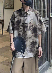 Vintage Coffee Peter Pan Collar Tie Dye Ice Silk Mens Shirts Summer