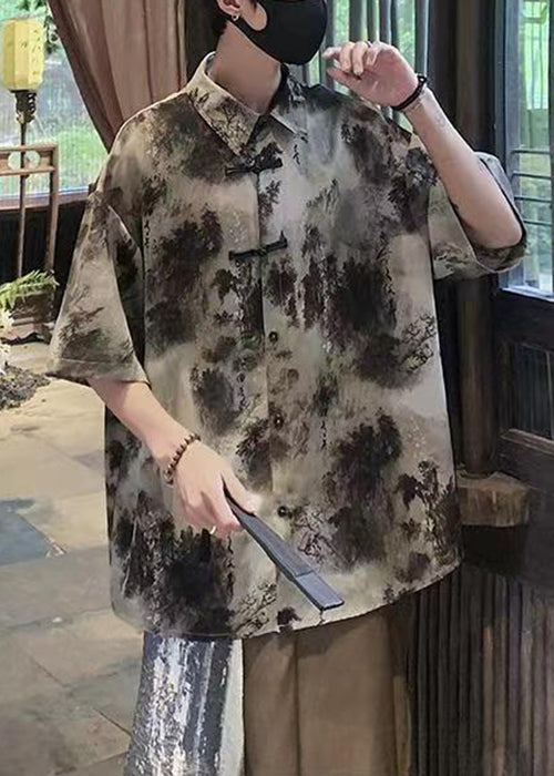 Vintage Coffee Peter Pan Collar Tie Dye Ice Silk Mens Shirts Summer