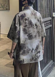 Vintage Coffee Peter Pan Collar Tie Dye Ice Silk Mens Shirts Summer