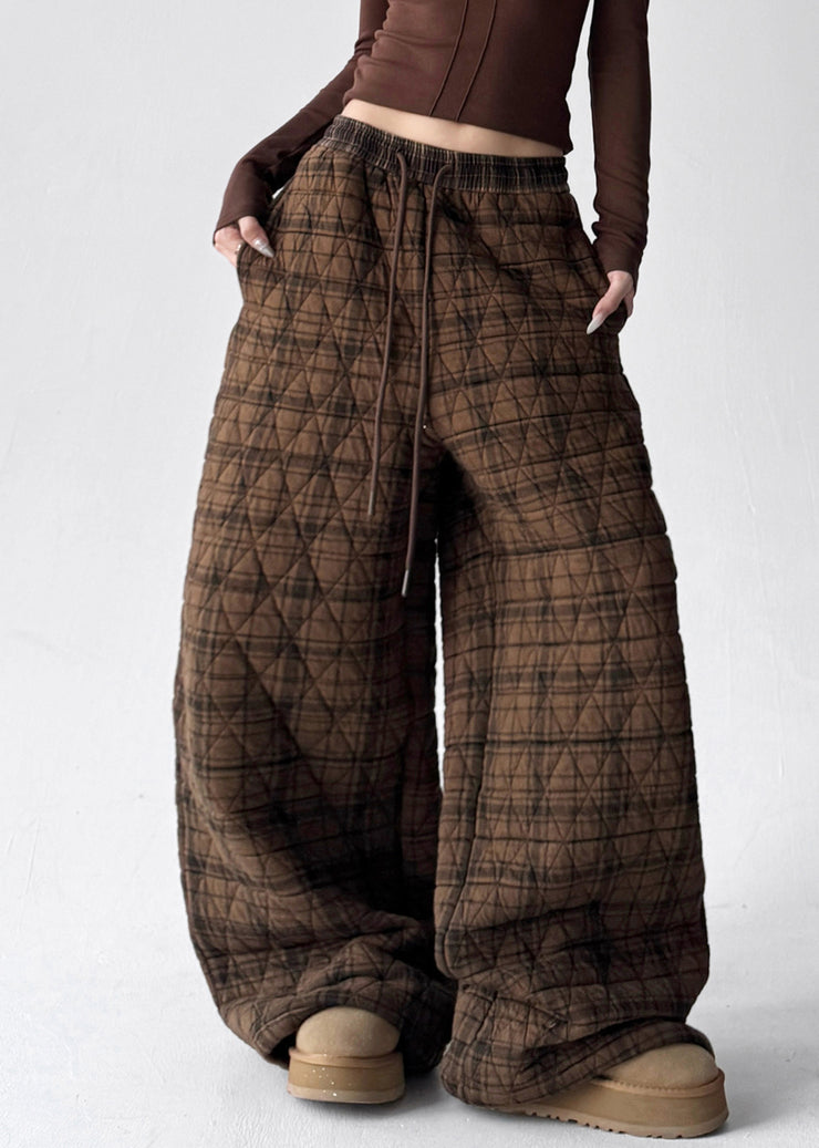 Vintage Coffee Plaid Pockets Elastic Waist Cotton Filled Pants Winter