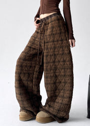Vintage Coffee Plaid Pockets Elastic Waist Cotton Filled Pants Winter