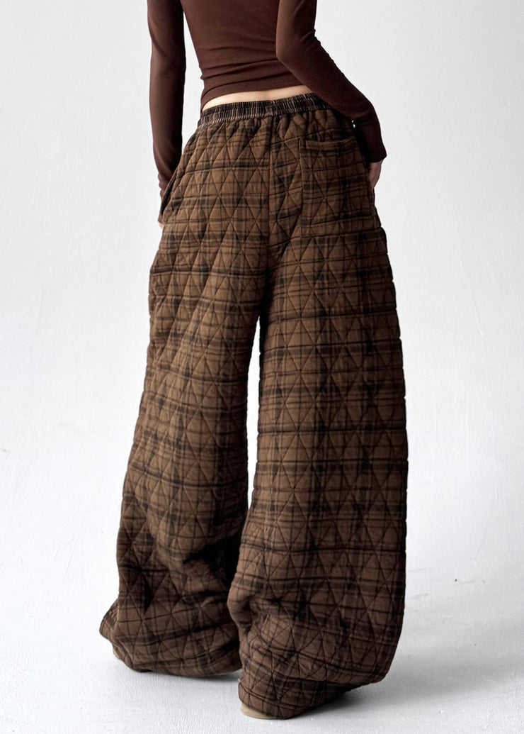 Vintage Coffee Plaid Pockets Elastic Waist Cotton Filled Pants Winter