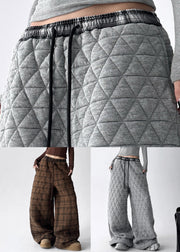 Vintage Coffee Plaid Pockets Elastic Waist Cotton Filled Pants Winter