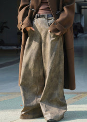 Vintage Coffee Pockets High Waist Faux Leather Wide Leg Pants Spring