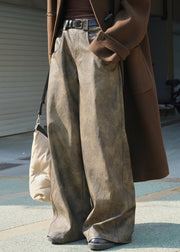 Vintage Coffee Pockets High Waist Faux Leather Wide Leg Pants Spring