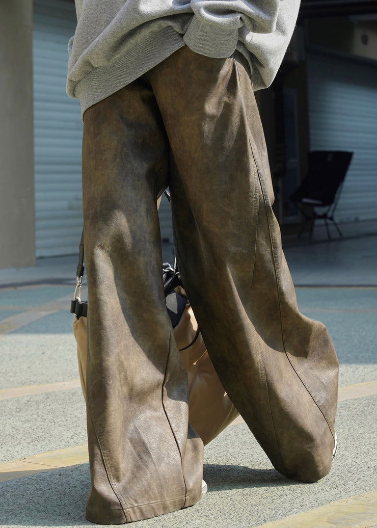Vintage Coffee Pockets High Waist Faux Leather Wide Leg Pants Spring