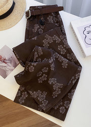 Vintage Coffee Print Pockets High Waist Denim Straight Pants Fall