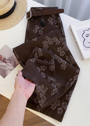 Vintage Coffee Print Pockets High Waist Denim Straight Pants Fall