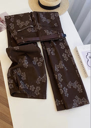 Vintage Coffee Print Pockets High Waist Denim Straight Pants Fall