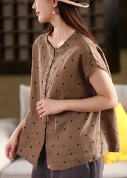 Vintage Coffee Ruffled Dot Linen Shirt Summer