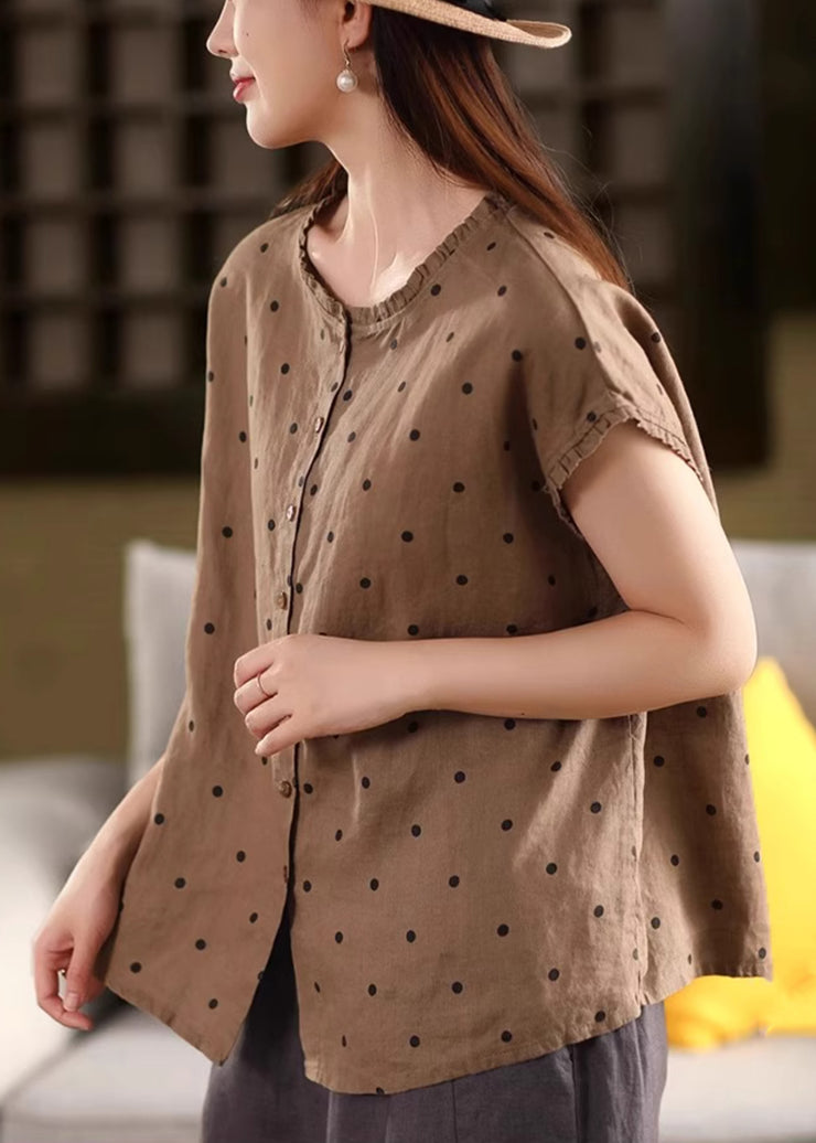 Vintage Coffee Ruffled Dot Linen Shirt Summer