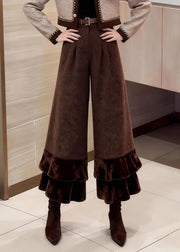 Vintage Coffee Ruffled Patchwork High Waist Woolen Crop Pants Winter