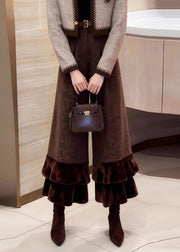 Vintage Coffee Ruffled Patchwork High Waist Woolen Crop Pants Winter
