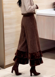 Vintage Coffee Ruffled Patchwork High Waist Woolen Crop Pants Winter