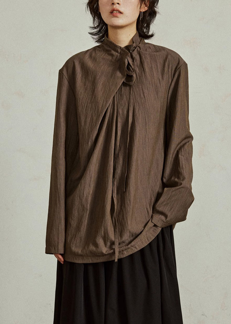 Vintage Coffee Stand Collar Lace Up Cotton Blouse Fall